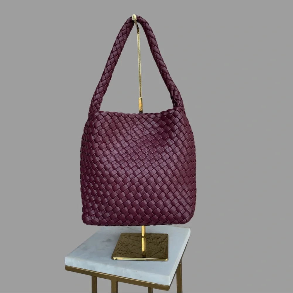 SONOMA Purple Burgundy Wine Faux Leather Woven Hobo Bag Basketweave Shoulder Bag